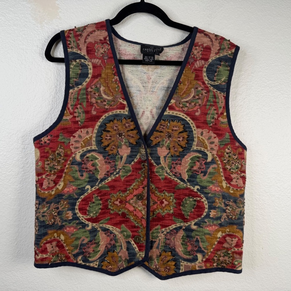 Vintage Carole Little Women's Vest Multicolor Sz L Tapestry Beaded Floral Boho